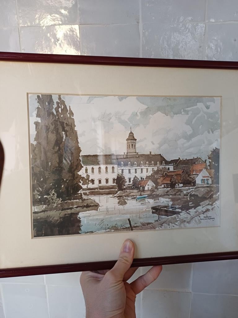 Aquarel Drongen, Herman Verbaere, Antiek en Kunst, Ophalen of Verzenden