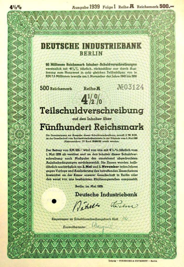 Deutsche Industriebank (IKB) 1939, Ophalen of Verzenden, 1920 tot 1950, Obligatie of Lening