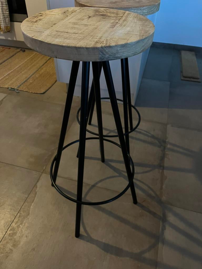 Barkrukken massief hout met stalen poten 73cm., Huis en Inrichting, Ophalen, Zo goed als nieuw, Hout