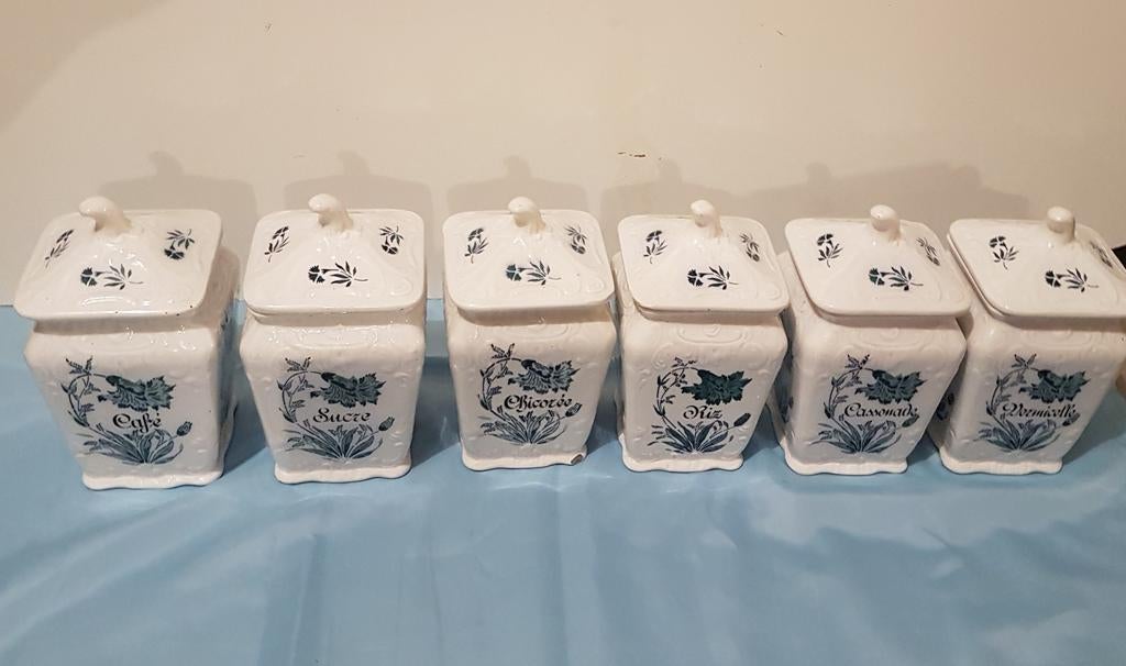 6 oude porseleinen voorraadpotten in Delfts blauw, Antiek en Kunst, Ophalen