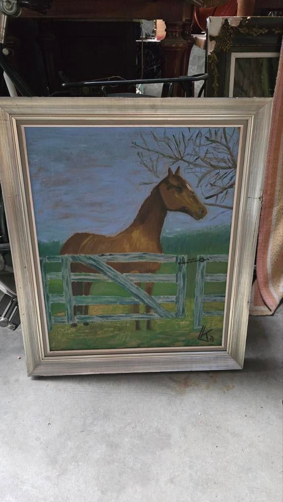 Peinture cheval dans le pré dans un cadre argenté 60x70, Enlèvement ou Envoi