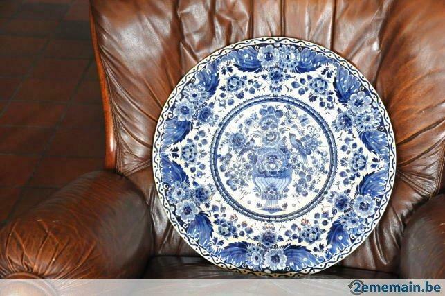 grand plat mural faience delft bleu fleur et oiseau, Antiquités & Art, Antiquités | Céramique & Poterie