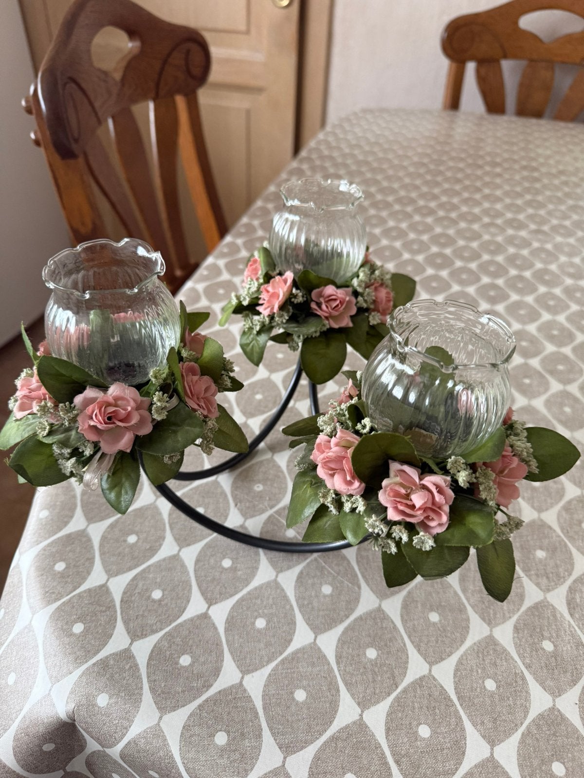 Vintage romantische kandelaber theelichthouder met 3 glazen, Huis en Inrichting, Ophalen, Gebruikt, Groen