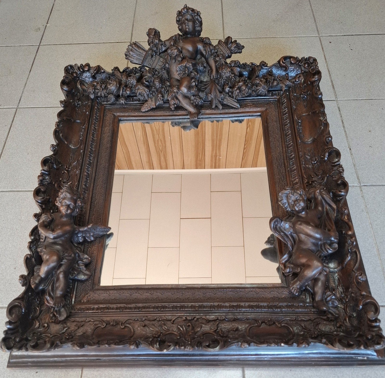 spiegel met 3 engelen., Antiek en Kunst, Ophalen, Rechthoekig, 50 tot 100 cm, Minder dan 100 cm