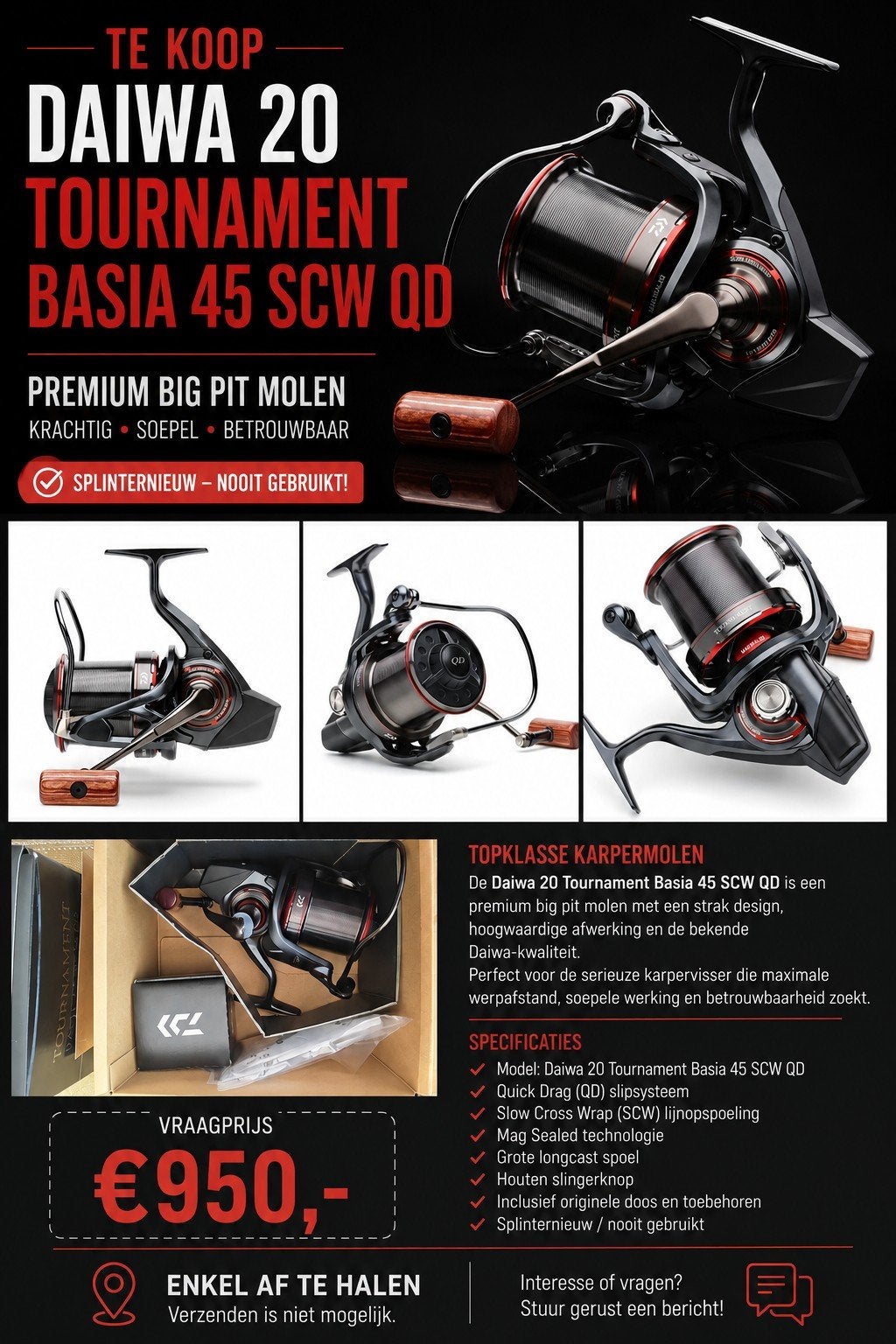 2 x splinternieuwe daiwa 20 tournament basia 45 scw qd.
daiw, Watersport en Boten, Ophalen, Nieuw, Molen