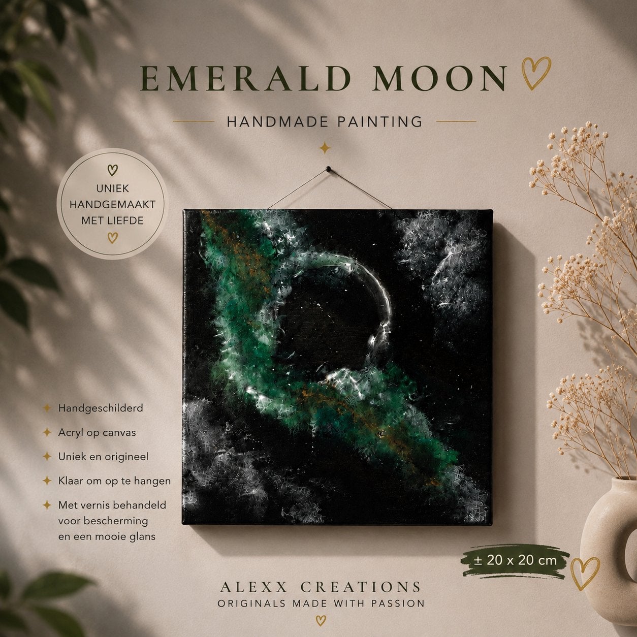 Emerald Moon | Handgemaakt abstract schilderij | 20x20, Antiek en Kunst, Ophalen of Verzenden
