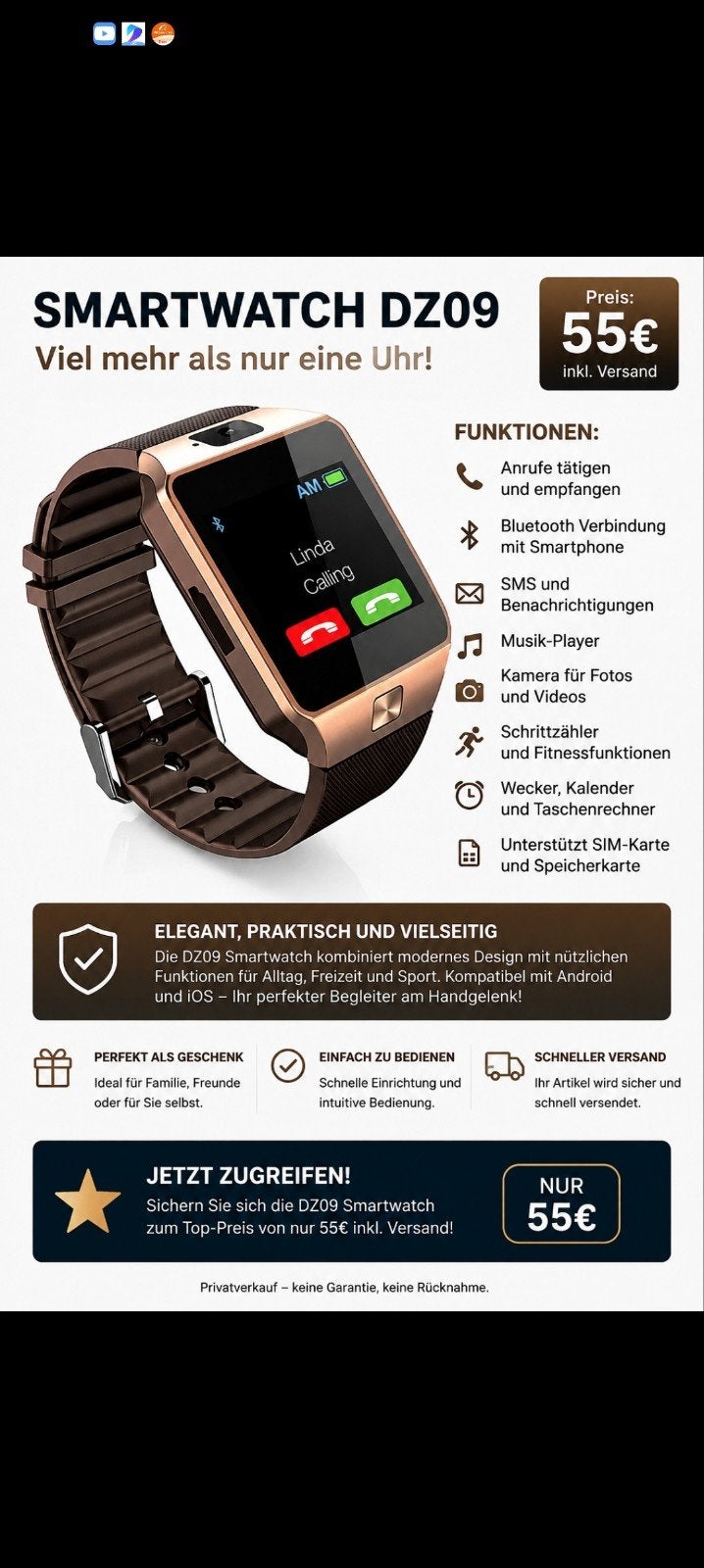 SmartWatch DZ09 sim kart camera  gold/rose, Ophalen of Verzenden