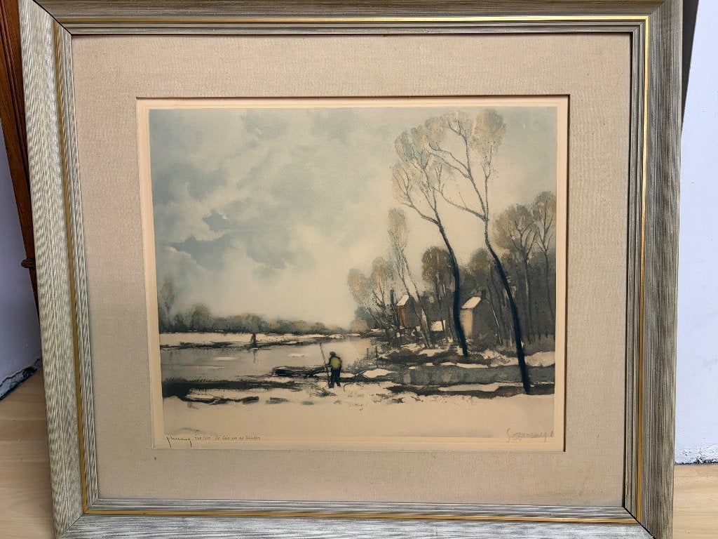 Ets Roger Hebbelinck van werk Saverys, Ophalen, 40 cm, Ingelijst, Landschap