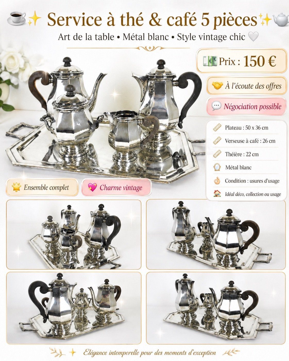 Service à thé&café vintage 5 pcs métal blanc – Avec plateau, Enlèvement ou Envoi, Argent