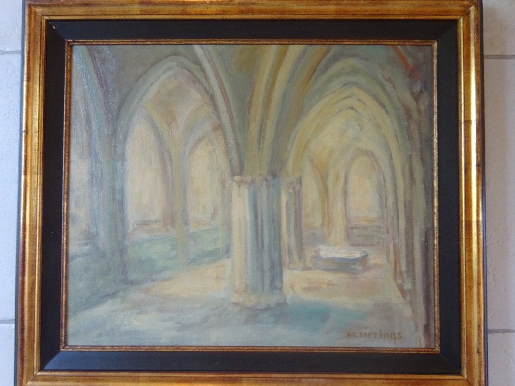 Herman Hertogs, doek, Gotisch interieur 1980, 50 x 60 cm,, Antiek en Kunst, Ophalen