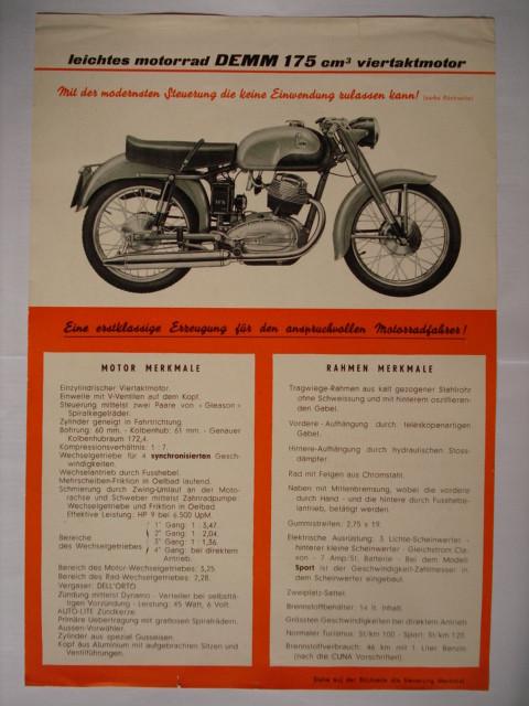 DEMM 175 cm³ 1955 ? Brochure catalogue Prospekt, Livres, Motos, Utilisé, Marque ou Modèle, Envoi
