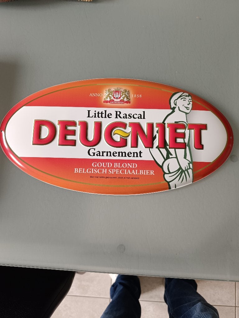 Metalen ovalen DEUGNIET bierbord (nieuw), Verzamelen, Biermerken, Ophalen of Verzenden, Nieuw, Reclamebord, Plaat of Schild, Overige merken