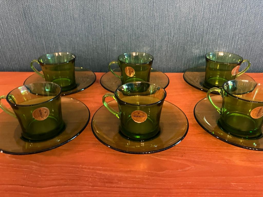 Vintage set 6x groene Duralex theetassen & ondertassen, Enlèvement