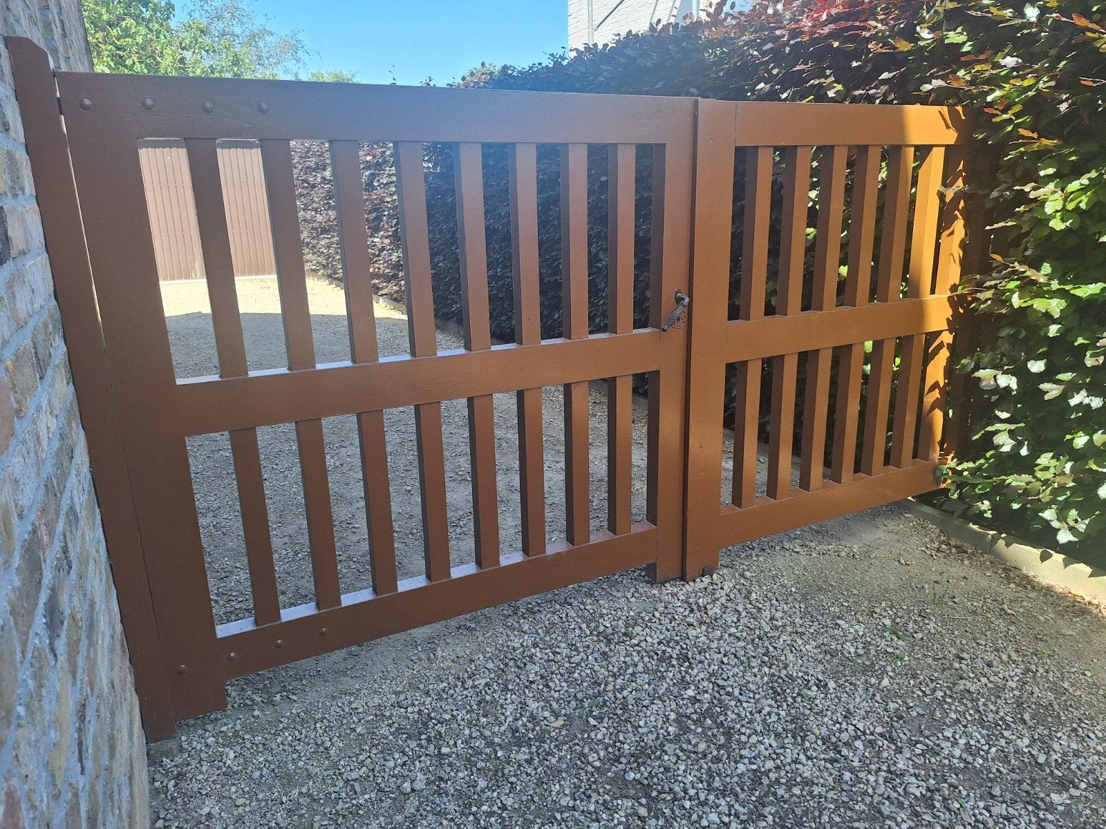 Dubbele hardhouten poort, Tuin en Terras, Ophalen, Met poort, Gebruikt, Tuinhek