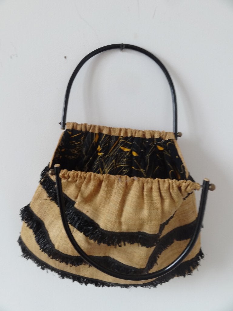 vintage tas in natuurvezels, raffia, Breed 35 cm, Antiek en Kunst, Geel, Handgemaakt, Ophalen of Verzenden, Overige typen