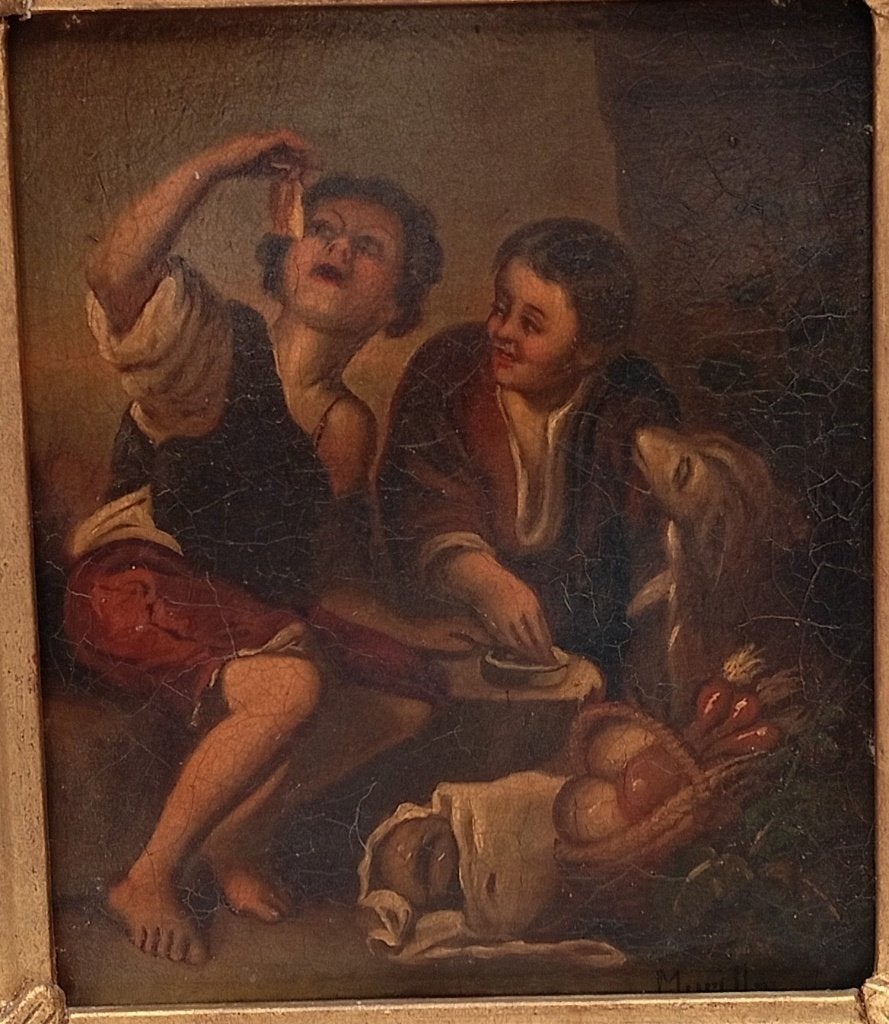 ZEER OUD SCHILDERIJ MURILLO OP METAAL, Antiek en Kunst, Kunst | Schilderijen | Klassiek, Portret of Personen, Olieverf, Bijzondere lijst