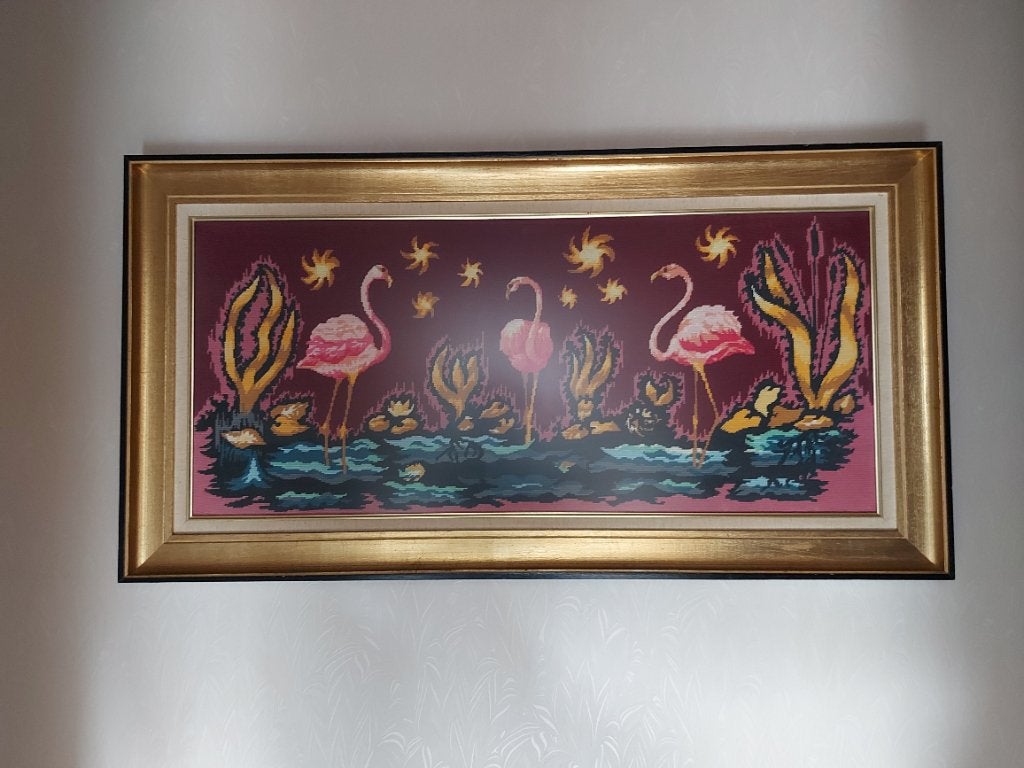 Genaaid werk op doek, om aan muur te hangen - flamingo's, Antiek en Kunst, Ophalen