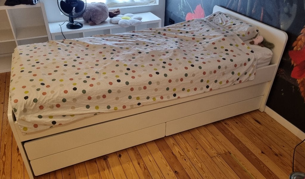 IKEA Släkt bedframe met onderbed en opberger, wit, 90x200, 85 tot 100 cm, Gebruikt, 180 cm of meer, Ophalen