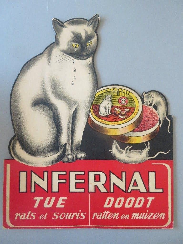 Oud reclamebord Wenende Poes INFERNAL doodt ratten muizen, Ophalen of Verzenden, Zo goed als nieuw, Reclamebord