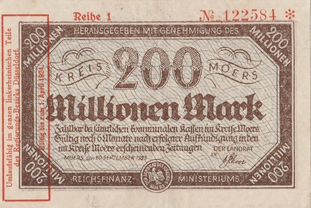 Kreis Moers(Notgeld) 200 millions de marks 1923, Enlèvement ou Envoi, Allemagne, Billets en vrac
