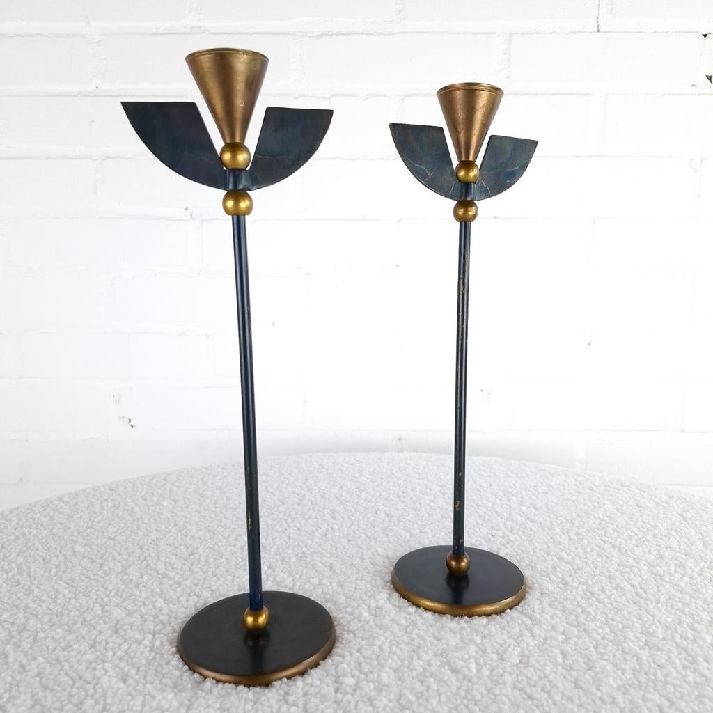 2x vintage Memphis Milano kandelaren jaren 80, Enlèvement ou Envoi, Bleu, Or