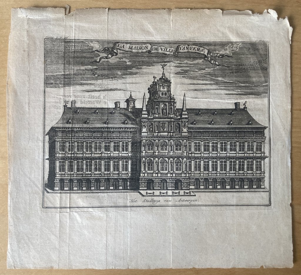 Gravure ancienne Hôtel de ville d'Anvers — 17-18e siècle, 1600 - 1699, Gravure, Signé, Enlèvement ou Envoi