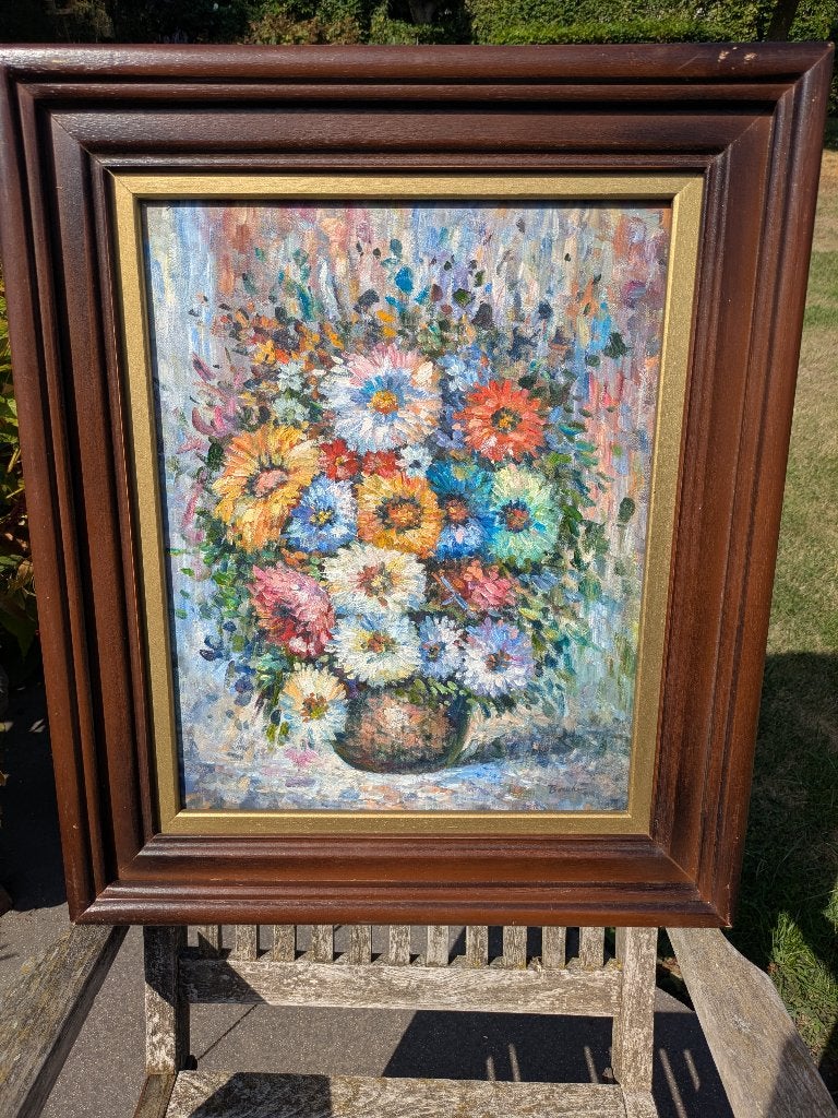 Lot olieverfschilderijen - bloemencomposities, Doek, Impressionistisch, Gesigneerd, Olieverf