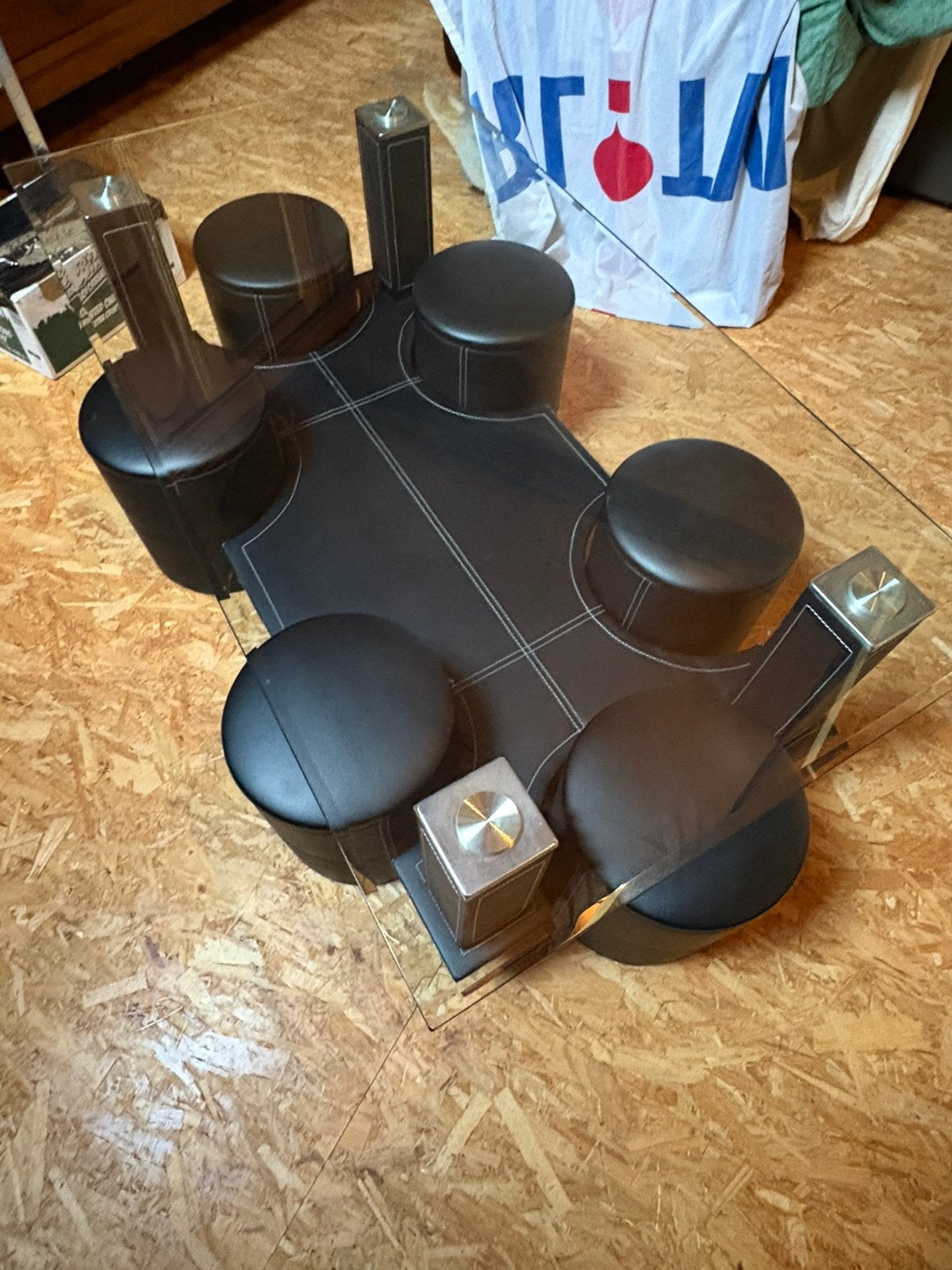Table de salon en verre + tabourets taille basse en cuir, Ophalen, Gebruikt, Glas