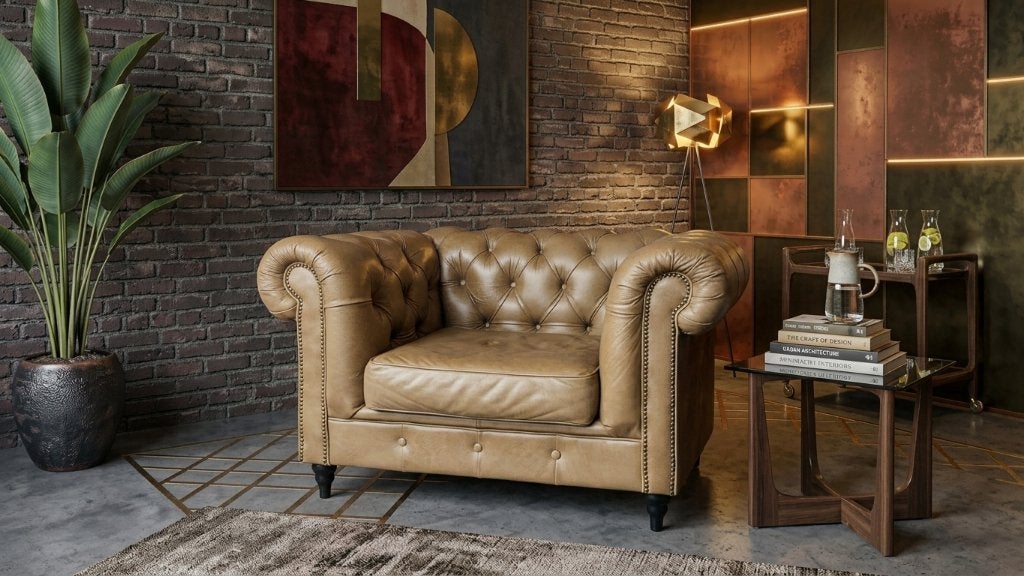 Chesterfield fauteuil in beige kwaliteitsleer 500€, Ophalen, Zo goed als nieuw, Leer