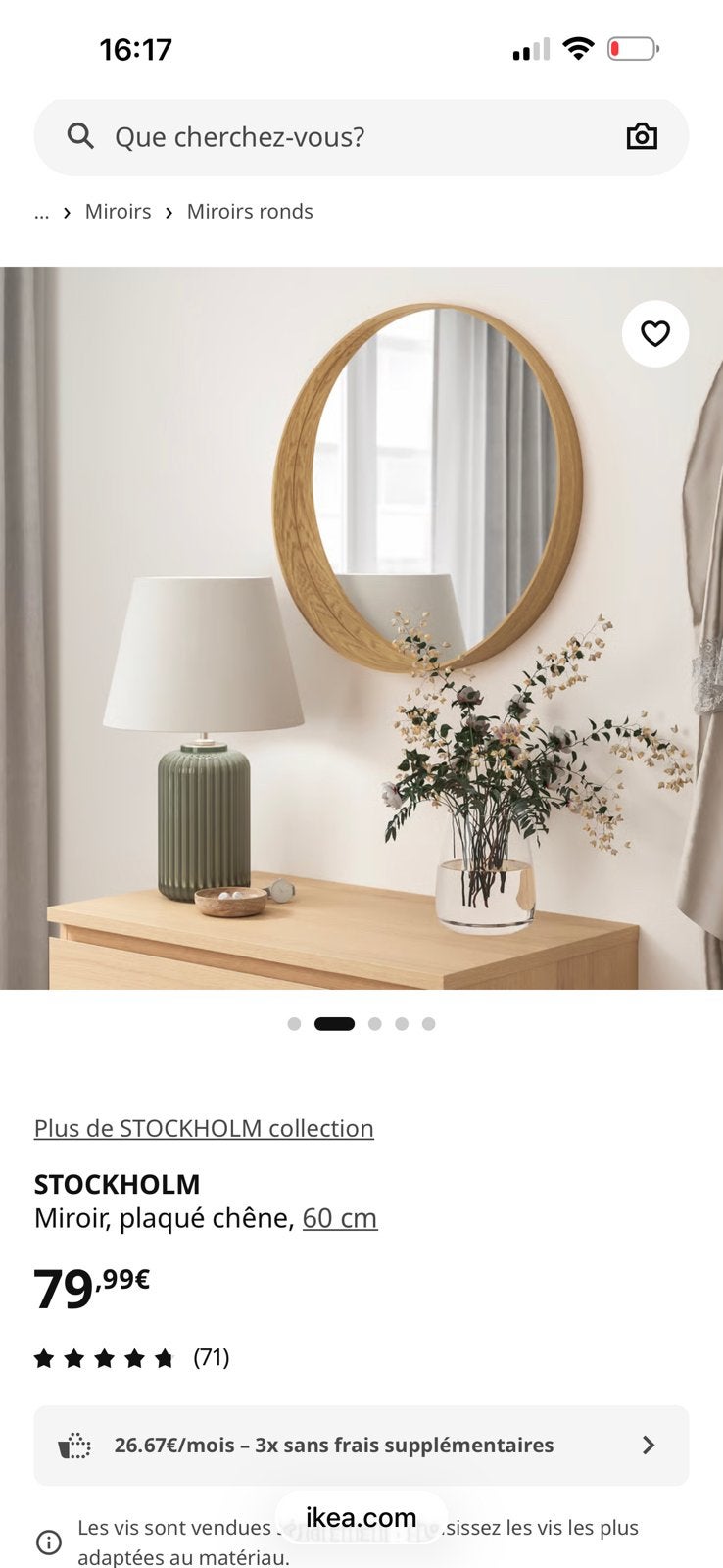 Miroir neuf Stockholm chene 60 cm, Maison & Meubles, Accessoires pour la Maison | Miroirs, Neuf, Moins de 100 cm, Rond, Enlèvement