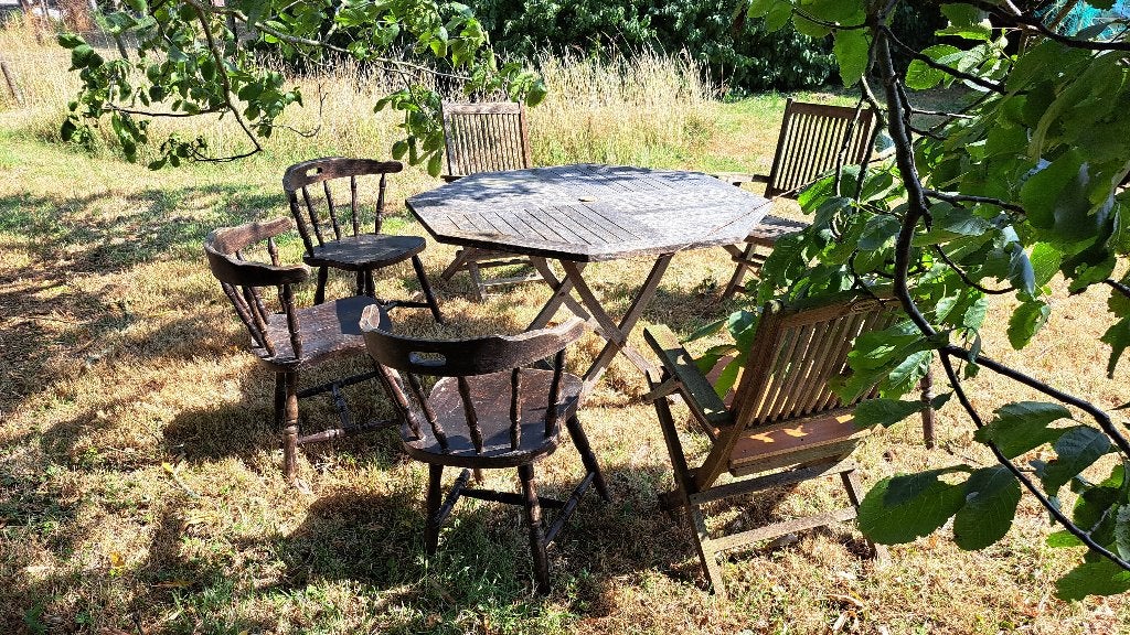 Table de jardin en bois de teck patiné avec chaises, Enlèvement, Utilisé, Bois