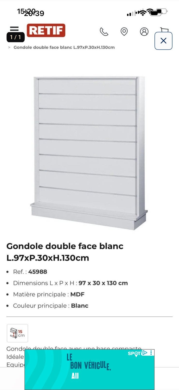 Gondole double face retif comme neuf 14 pieces disponibles, Enlèvement