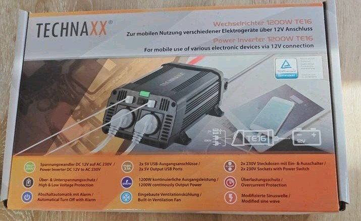 Technaxx TE16 Omvormer 12V naar 230V – 1200W – NIEUW, Ophalen of Verzenden, Nieuw