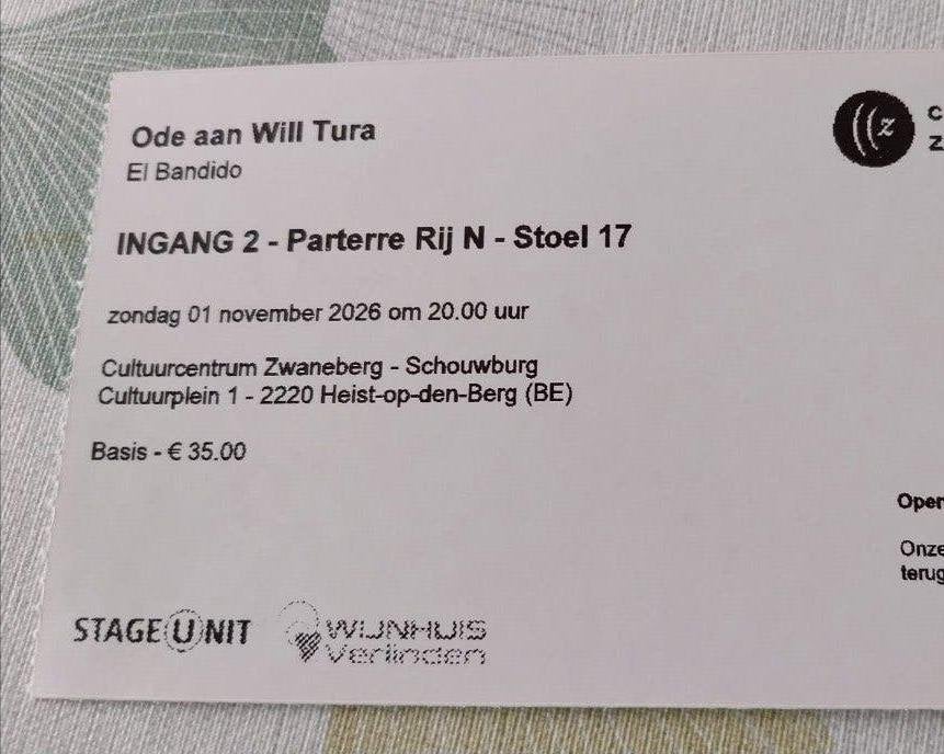 2 tickets ode aan Will Tura Heist op den Berg, Tickets en Kaartjes, Eén persoon, November, Levenslied
