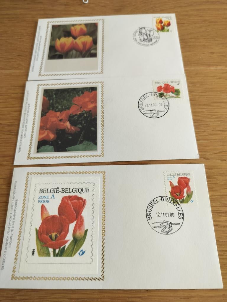 3 FDC uitgave Sonystamp thema Bloemen op zijde., Postzegels en Munten, Ophalen of Verzenden
