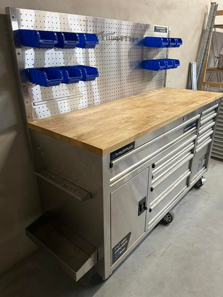 Werkbank met massief werblad en achterwand, Doe-het-zelf en Bouw, Ophalen, Nic.debruyne@gmail.com, HBM, 170 cm of meer