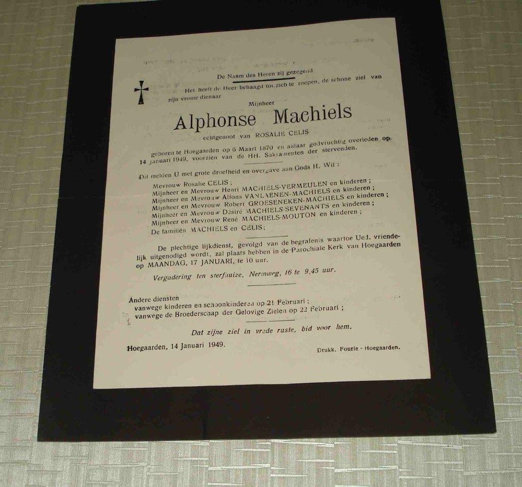 Doodsbrief Hoegaarden 1949 Machiels, Verzenden, Rouwkaart