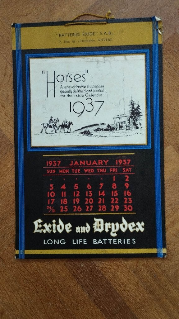 Exide en Drydex Batteries Paardenkalender 1937, Ophalen of Verzenden, Gebruikt, Auto's