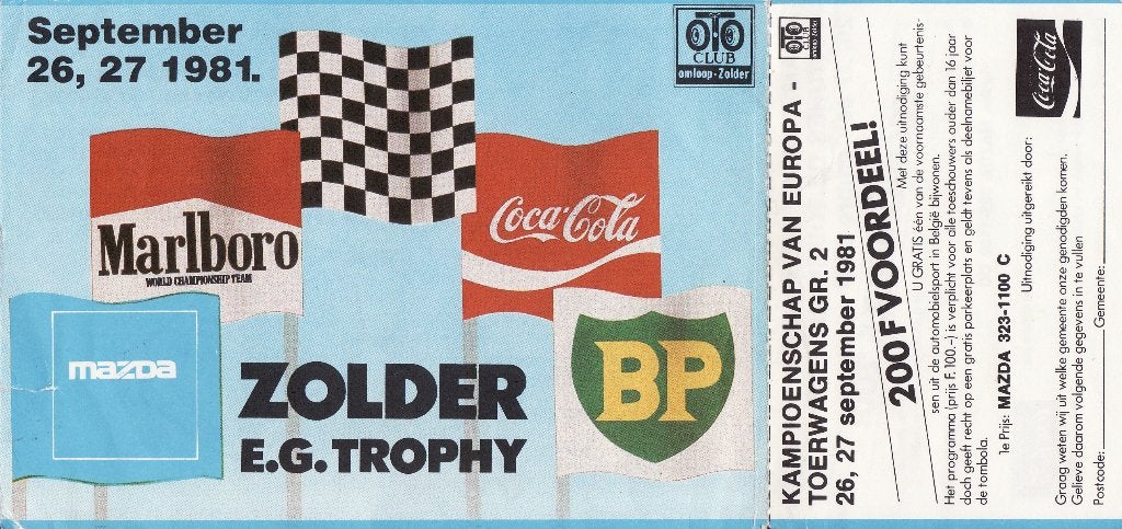 Zolder E.G. Trophy 1981 inkomkaart met voordeel-uniek, Ophalen of Verzenden, Zo goed als nieuw, Auto's
