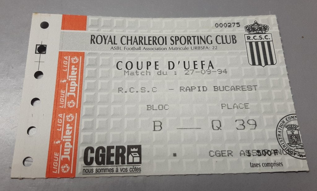 Ancien ticket football UEFA Charleroi - Bucarest 27/09/1994., Enlèvement ou Envoi, Comme neuf, Autres types