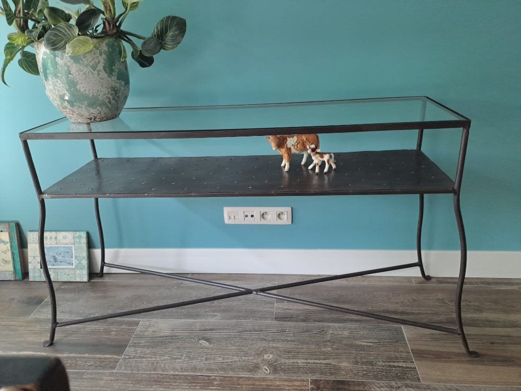 Mooi sidetable van ijzer en glas, 100 à 150 cm, 25 à 50 cm, Verre, Comme neuf