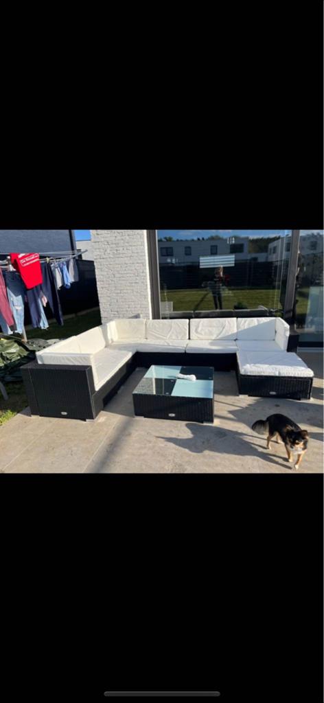 Loungeset zwart met witte kussens, Ophalen, Zo goed als nieuw, Loungeset
