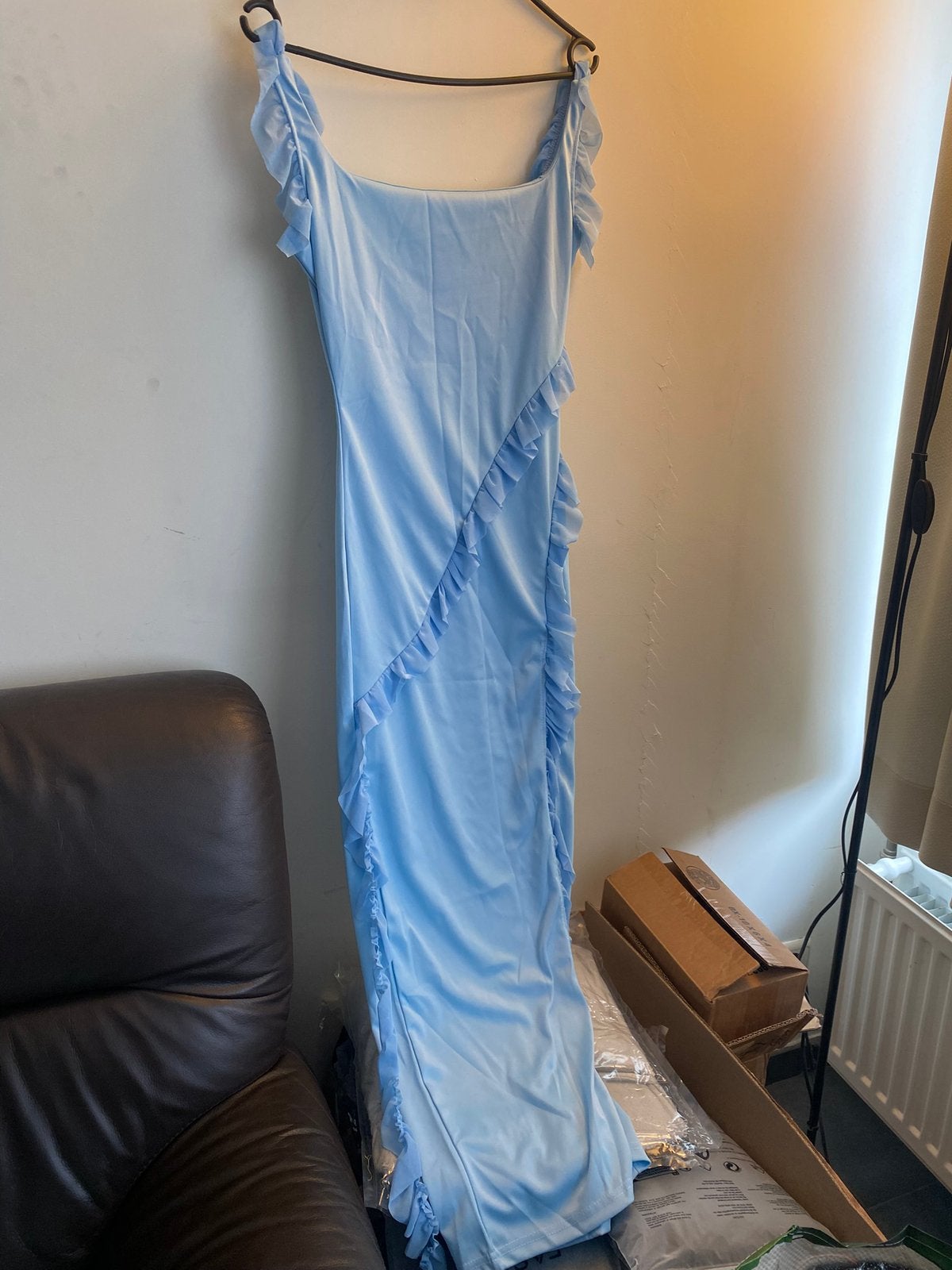 Lichtblauwe galajurk met ruches, Galajurk, Blauw, Nieuw, Ophalen of Verzenden