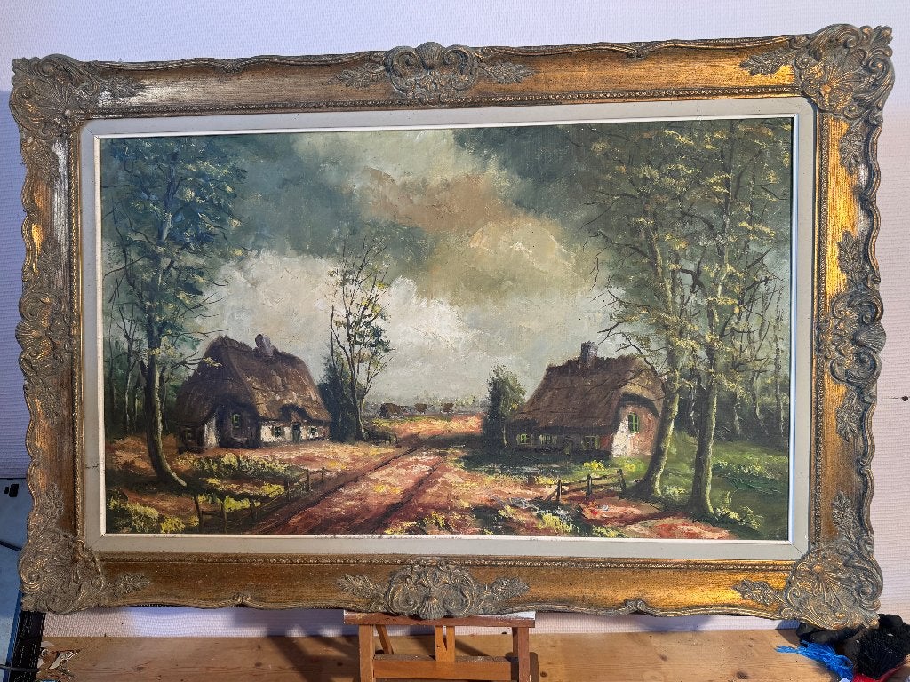 Schilderij bos met hutten huisjes, Enlèvement