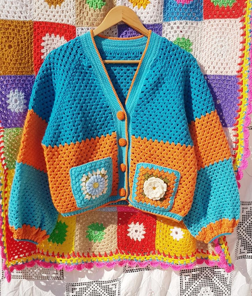 Cardigan 🔥 à fleurs réalisé  🌻à la main au crochet, Fait main, Neuf, Taille 36 (S), Orange