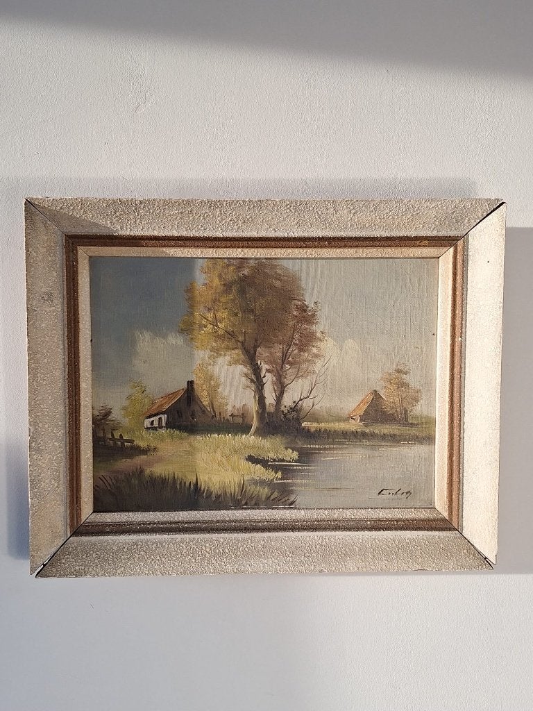 Olieverfschilderij Landschap met Huisjes en Water, Antiek en Kunst, Kunst | Schilderijen | Klassiek, Doek, Realistisch, Bijzondere lijst