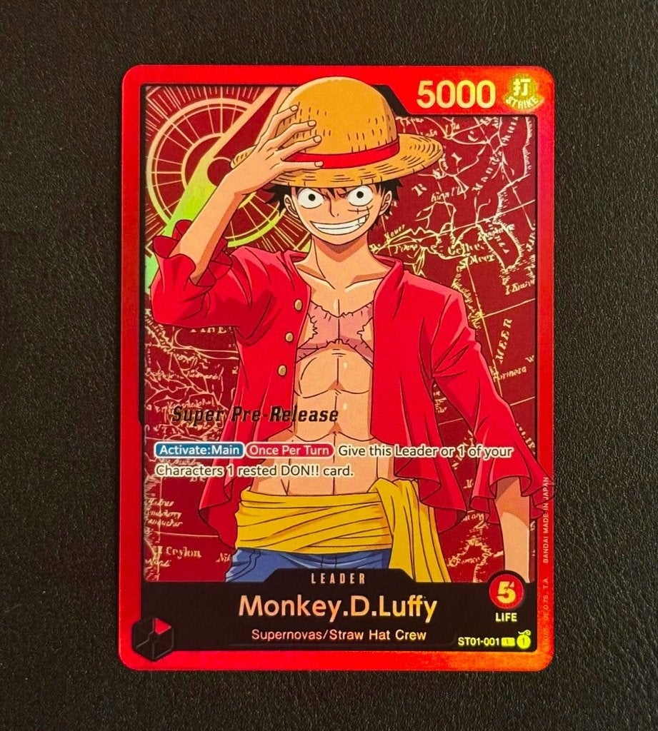 One Piece - Monkey.D.Luffy (ST01-001) Super Pre-Release - NM, Ophalen of Verzenden, Zo goed als nieuw, Losse kaart