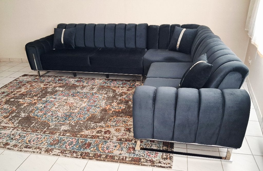 Hoeksalon - blauw - velours, Ophalen, Gebruikt, Hoekbank, Stof