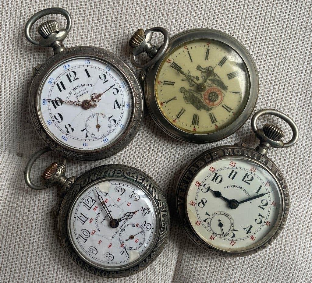 ROSKOPF echt spoorweghorloge set van 4 ROSKOPF, Handtassen en Accessoires, Ophalen, Zakhorloge, Gebruikt, Staal