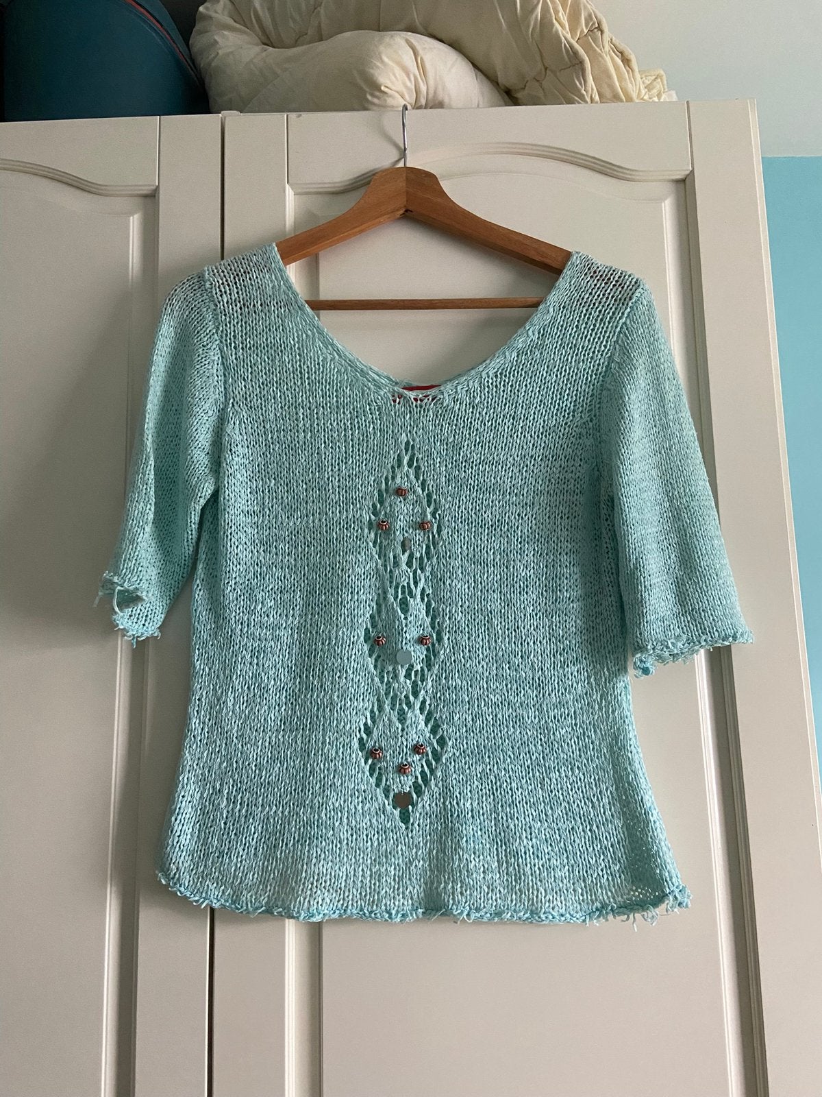 Blouse mi-longue vintage bleu claire M/38 Shine Girl, Taille 38/40 (M), Comme neuf, Manches longues, Bleu